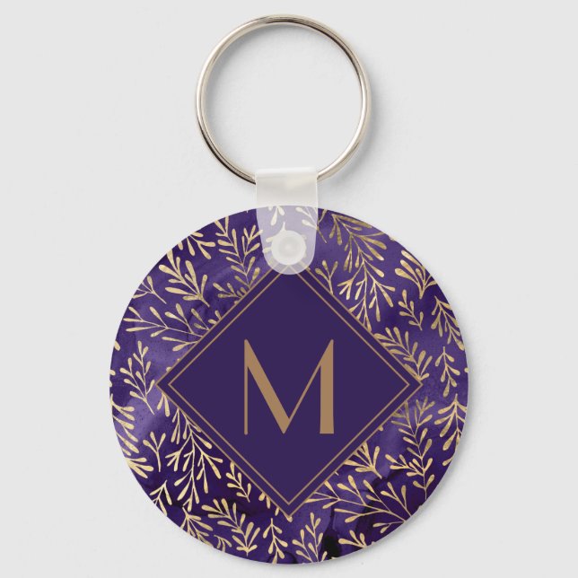 Elegant Stylish Purple Gold Leaves Monogram Keychain (Front)