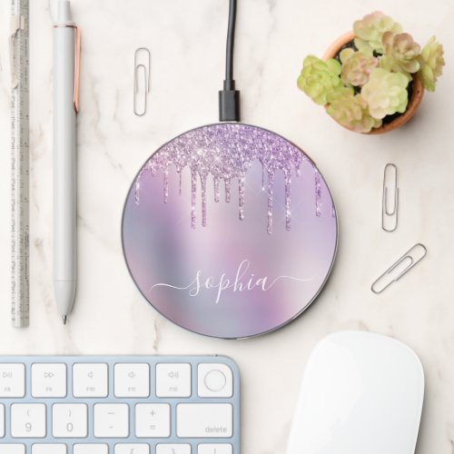 Elegant stylish purple holographic glitter drips wireless charger 