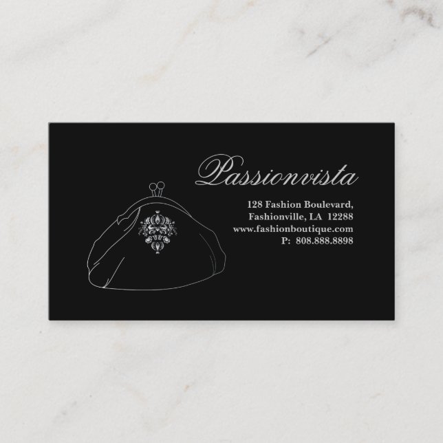 Elegant Stylish Purse Crown Silver Black Damask Business Card (Front)