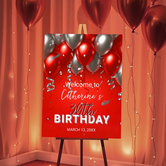 Elegant Stylish Red and Silver Balloons Birthday Foam Board (Creator Uploaded)
