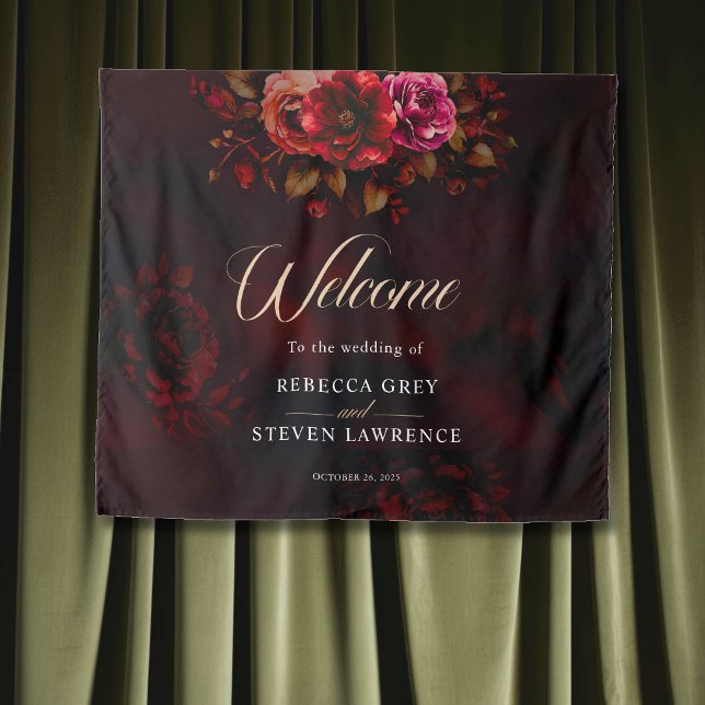 Elegant stylish red black floral wedding welcome  tapestry (Creator Uploaded)