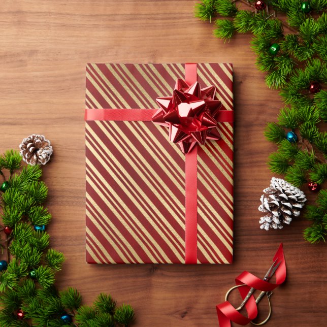 Elegant stylish red & gold Christmas stripes Wrapping Paper (Holiday Gift)