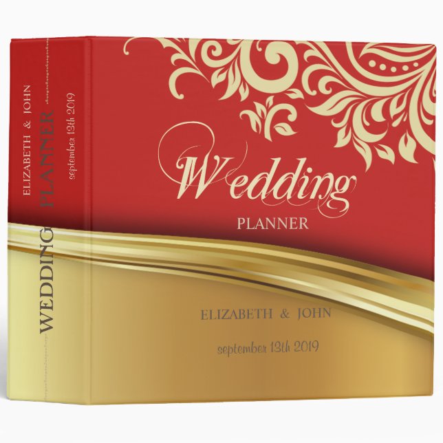 Elegant Stylish Red Gold Swirls Wedding Planner 3 Ring Binder (Front/Spine)