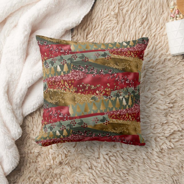 Elegant Stylish Red Green Glittery Gold Christmas Throw Pillow (Blanket)
