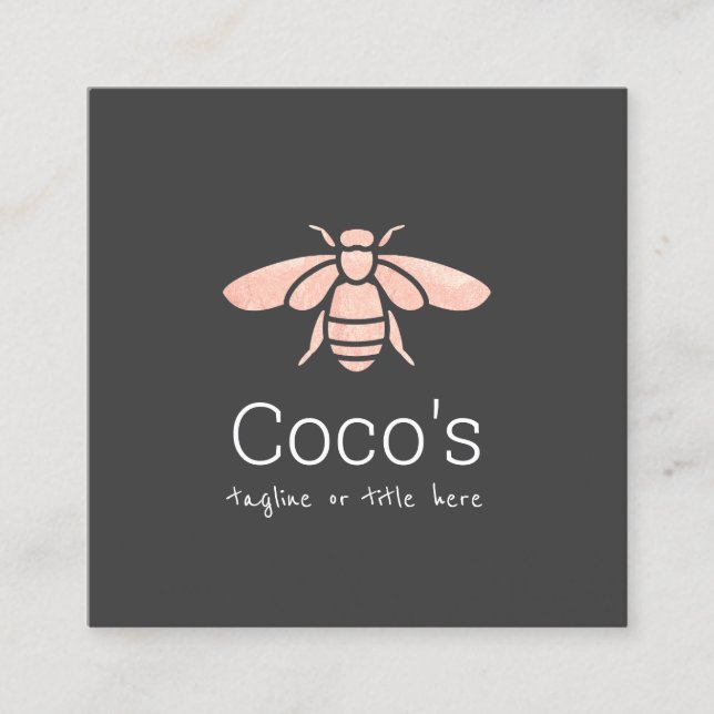 Elegant Stylish Rose Gold Bee Logo Square Business Card (Front)