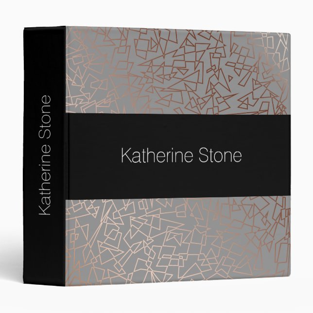 Elegant stylish rose gold geometric pattern grey 3 ring binder (Front/Spine)