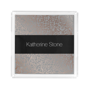 Elegant stylish rose gold geometric pattern grey acrylic tray
