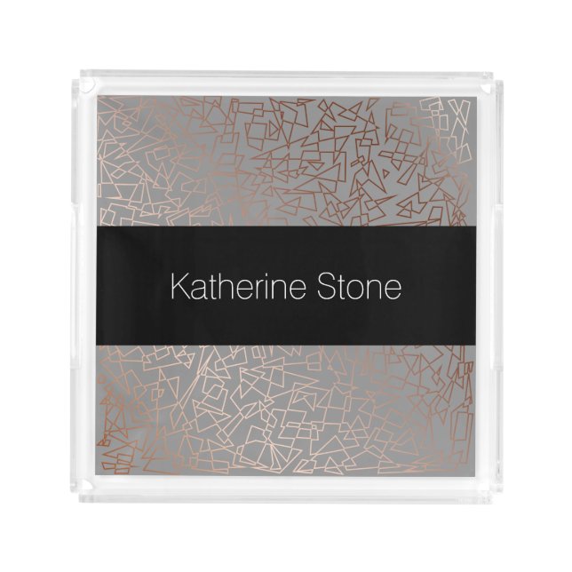 Elegant stylish rose gold geometric pattern grey acrylic tray (Front)