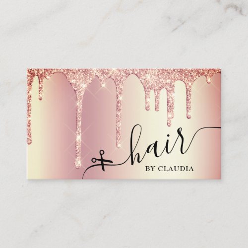Elegant stylish rose gold glitter drips hair business card