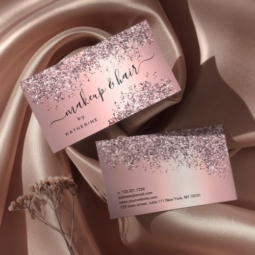 Elegant stylish rose gold glitter makeup and hair business card
