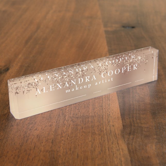 Elegant stylish rose gold glitter makeup artist  desk name plate (Side)