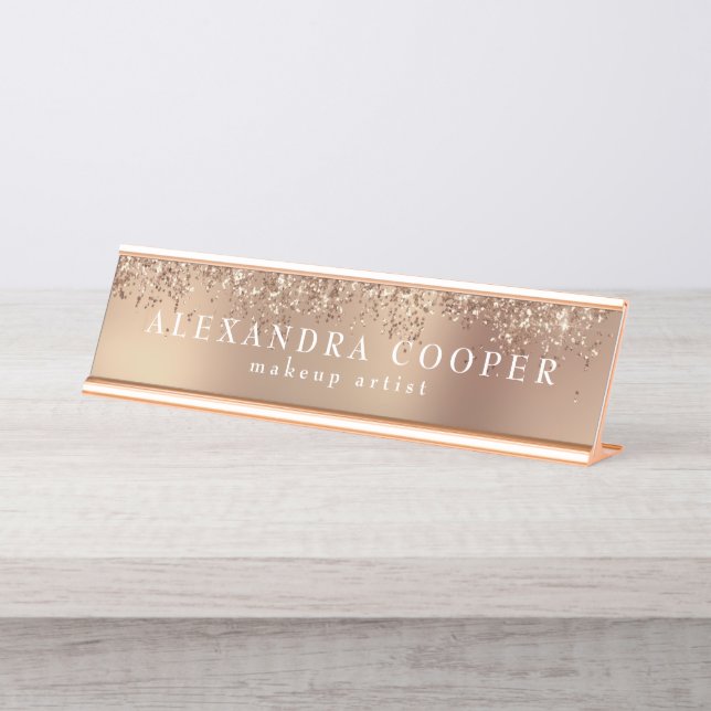 Elegant stylish rose gold glitter makeup artist  desk name plate (Front)