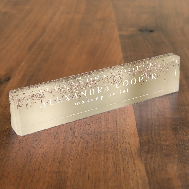 Elegant stylish rose gold glitter makeup artist desk name plate (Side)