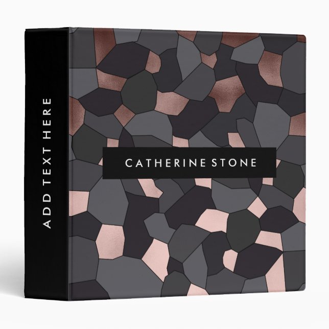 Elegant stylish rose gold grey and black mosaic 3 ring binder (Front/Spine)