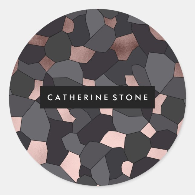 Elegant stylish rose gold grey and black mosaic classic round sticker (Front)