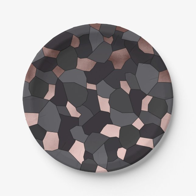Elegant stylish rose gold grey and black mosaic paper plates (Front)