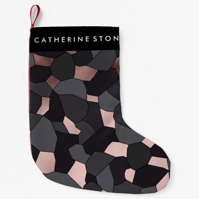 Elegant stylish rose gold grey and black mosaic small christmas stocking (Front)