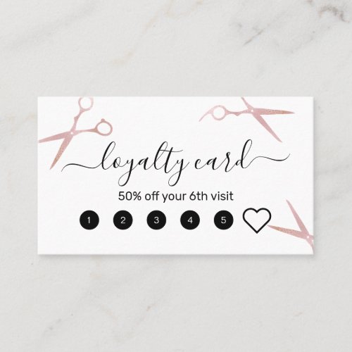 Elegant stylish rose gold scissors hairstylist loyalty card