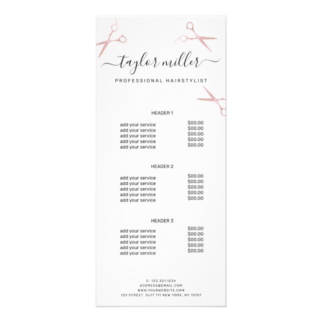 Elegant stylish rose gold scissors hairstylist rack card (Front)