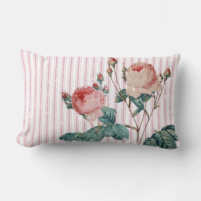 Elegant Stylish Roses Pink French Ticking Stripes Lumbar Pillow (Front)