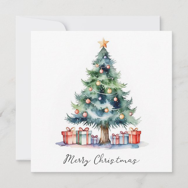 Elegant Stylish Rustic Watercolor Christmas Tree  Holiday Card (Front)