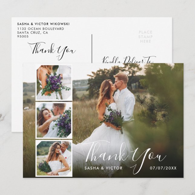 Elegant Stylish Script 4 Photos Wedding Thank You Invitation (Front/Back)