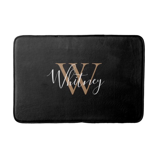 Elegant Stylish Script Name Gold Black Monogram Bath Mat (Front)