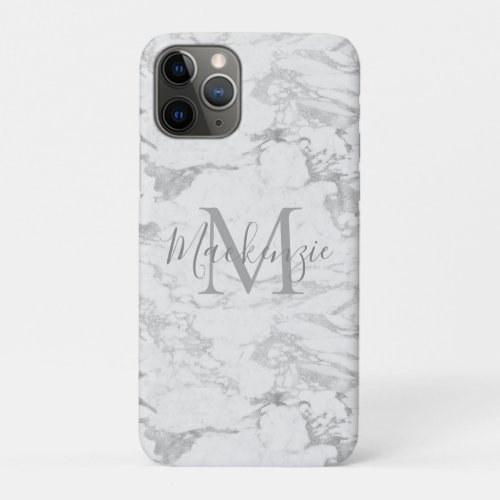 Elegant Stylish Silver Foil Marble Monogram iPhone 11 Pro Case