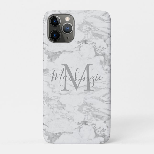 Elegant Stylish Silver Foil Marble Monogram Case-Mate iPhone Case (Back)