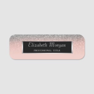 Elegant Stylish, Silver Frame,Glitter, Rose Gold Name Tag