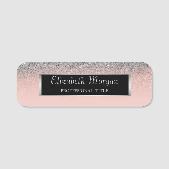Elegant Stylish, Silver Frame,Glitter, Rose Gold Name Tag | Zazzle