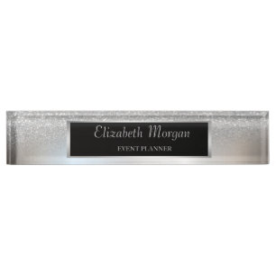 Elegant Stylish Silver Glitter Bokeh Ombre , Frame Desk Name Plate
