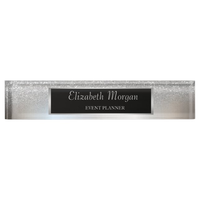 Elegant Stylish Silver Glitter Bokeh Ombre , Frame Desk Name Plate (Front)