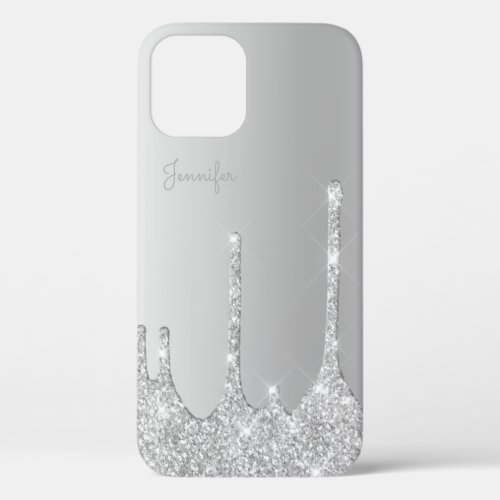 Elegant stylish silver glitter drips iPhone 12 case
