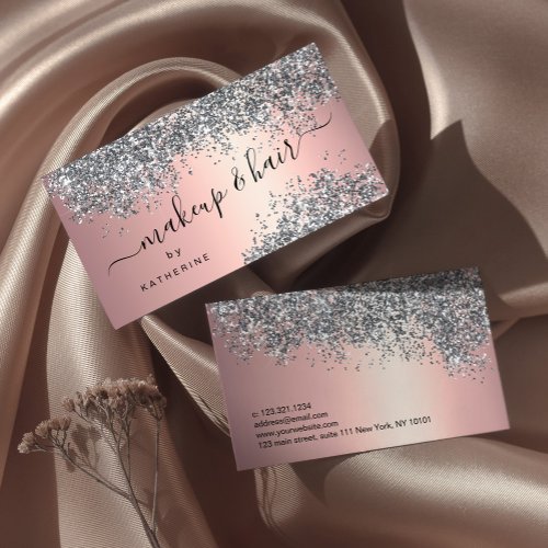 Elegant stylish silver glitter makeup and hair  business card