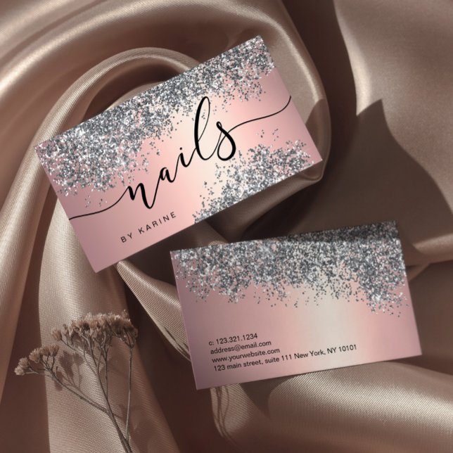 Elegant stylish silver glitter metallic nails   business card (Creator Uploaded)