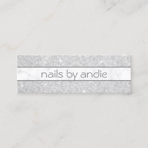 Elegant stylish silver glitter white marble nails mini business card