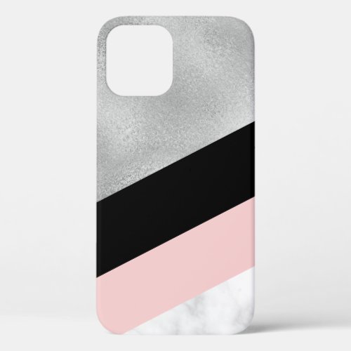 Elegant stylish silver pink black marble iPhone 12 case