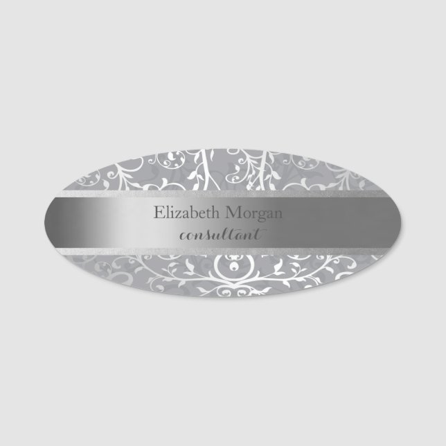 Elegant  Stylish Silver Stripe,  Swirls Name Tag (Front)