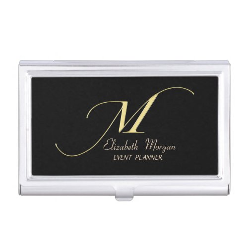 Elegant Stylish Simple_ Black_Faux Gold Monogram Business Card Case