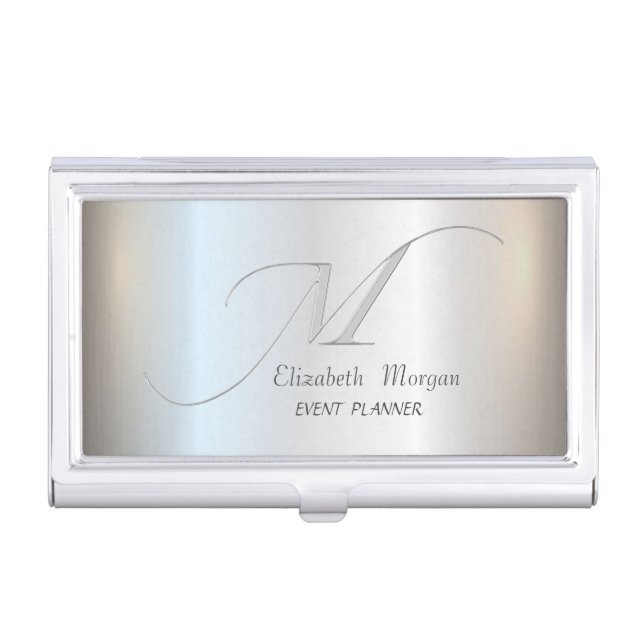 Elegant Stylish Simple Silver Monogram Business Card Case (Front)