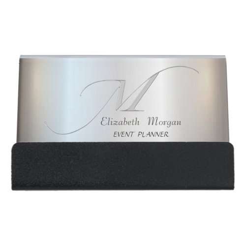 Elegant Stylish Simple Silver Monogram Desk Business Card Holder