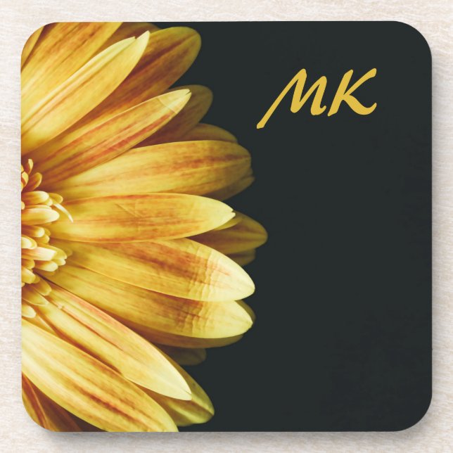 Elegant & Stylish Sunflower Floral Monogrammed Beverage Coaster (Front)