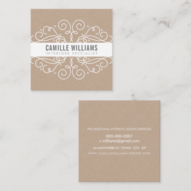 ELEGANT stylish swirls art nouveau Eco Kraft White Square Business Card (Front/Back)