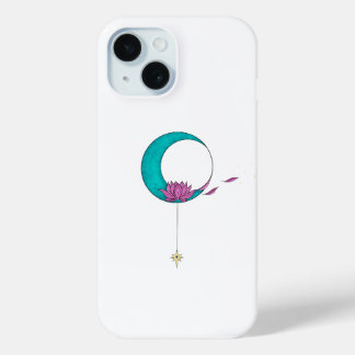 Elegant Stylish Teal and Pink Lotus Moon iPhone 15 Case
