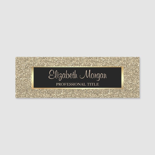 Elegant Stylish Trendy Gold Glitter, Frame Name Tag (Front)