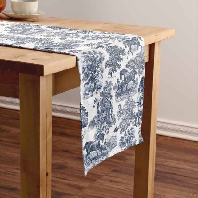 Elegant Stylish Vintage Blue White Horses Toile Short Table Runner (In Situ)