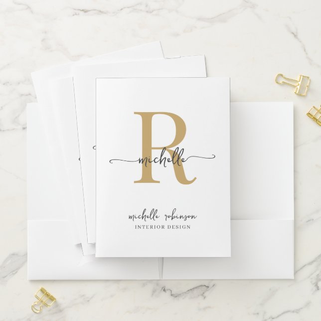 Elegant Stylish White Gold Girly Script Monogram  Pocket Folder (In Situ)