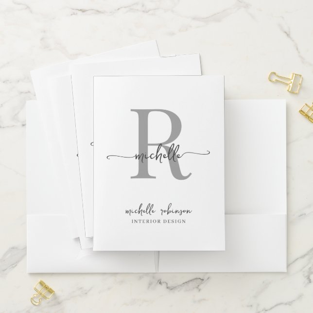 Elegant Stylish White Gray Girly Script Monogram Pocket Folder (In Situ)