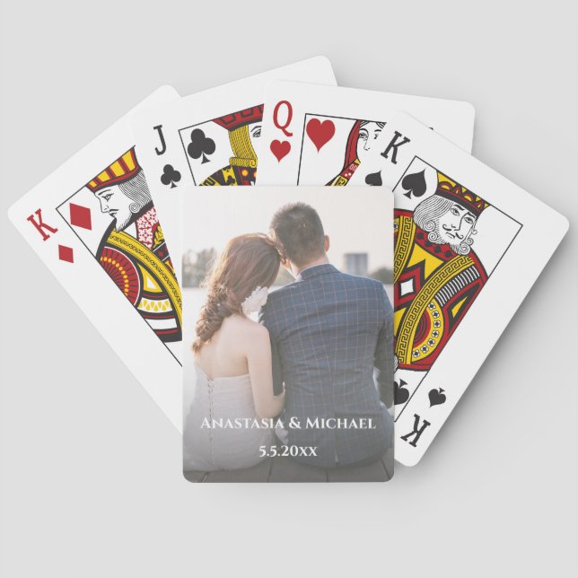 elegant stylish white typography wedding photo poker cards (Back)